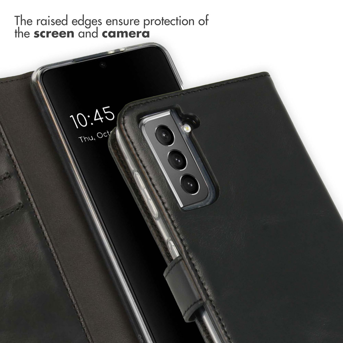 Un étui portefeuille en cuir noir pour smartphone montre des bords surélevés pour protéger l'appareil photo et l'écran.