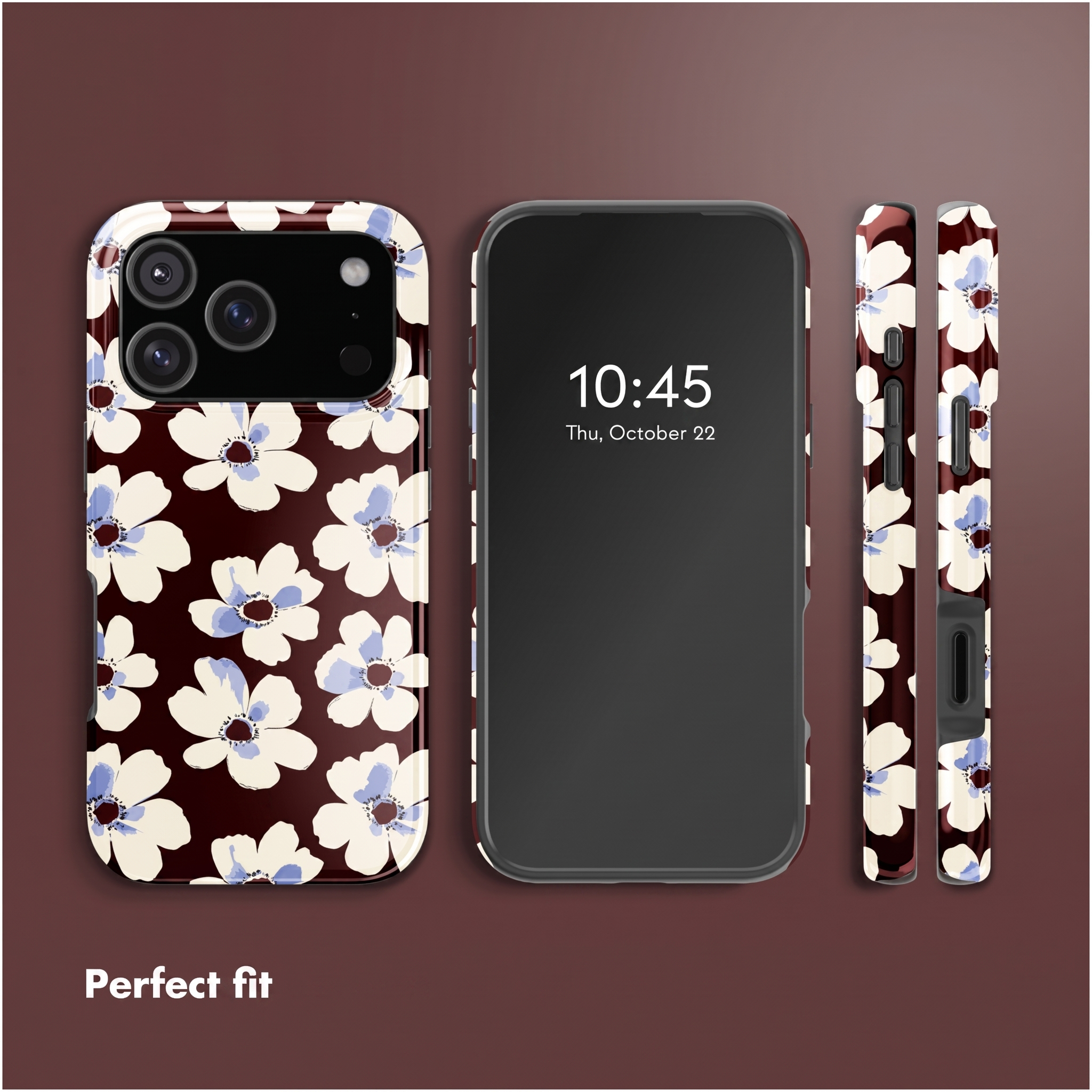 Dunkelrotes Smartphone-Case mit weiß-blauen Blumen auf braunem Hintergrund.