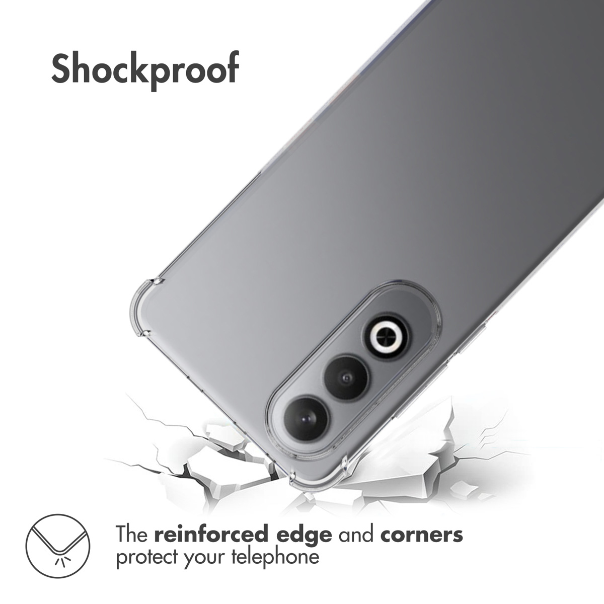 Una funda de smartphone resistente a golpes con esquinas reforzadas sobre una superficie agrietada.