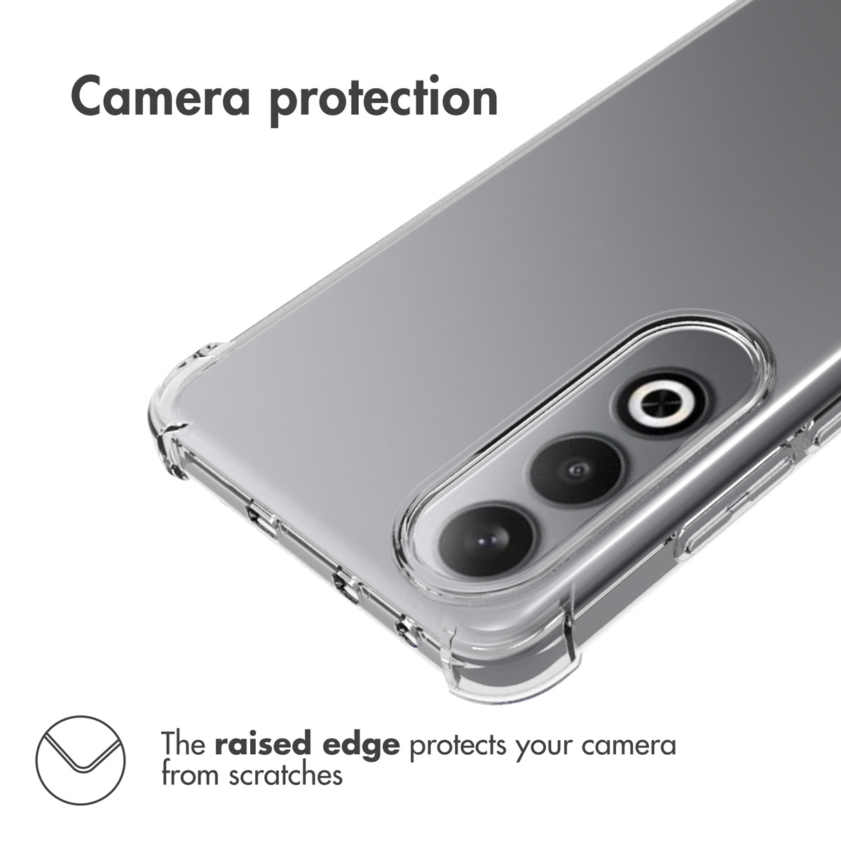 Funda transparente para teléfono con borde elevado para proteger la cámara.