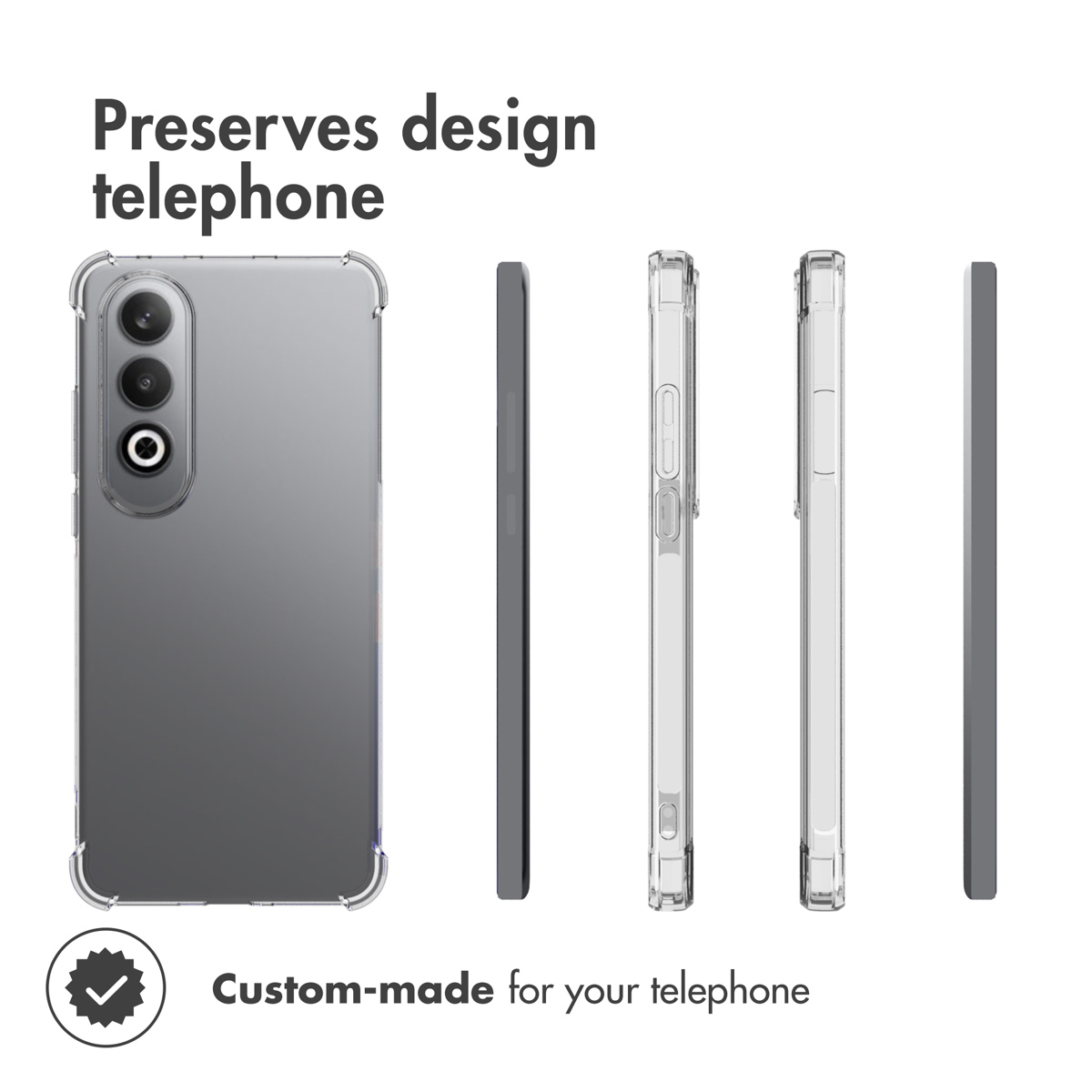Funda transparente desde varios ángulos con texto sobre el diseño.