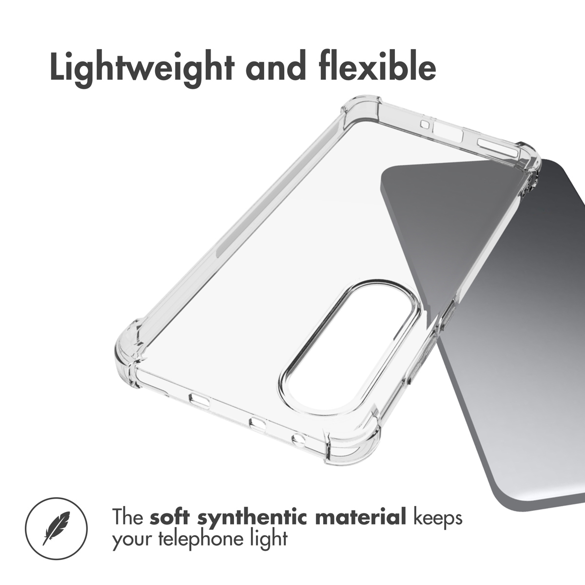 Funda protectora transparente y flexible para smartphone con recorte para cámara y texto.