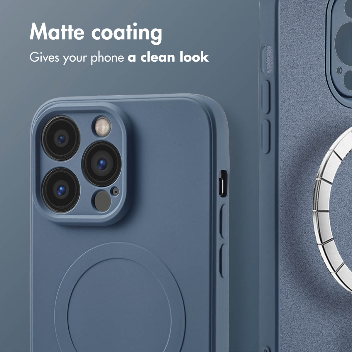 Custodia per smartphone blu con rivestimento opaco e ritaglio per fotocamera.