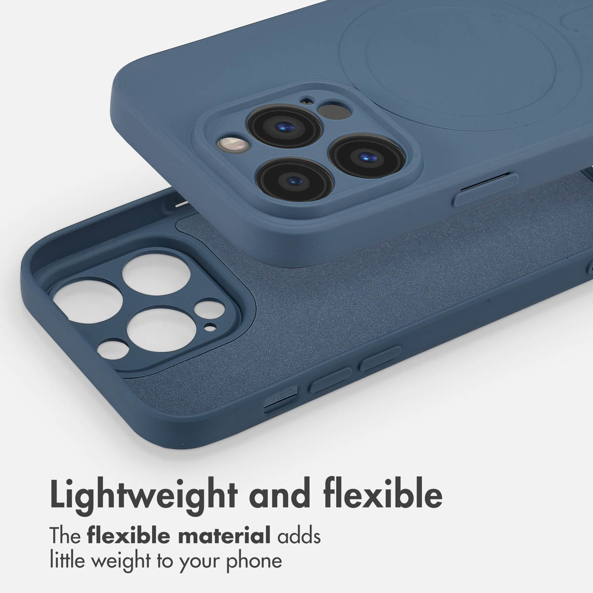 Custodia per smartphone blu flessibile con ritaglio fotocamera su sfondo chiaro.