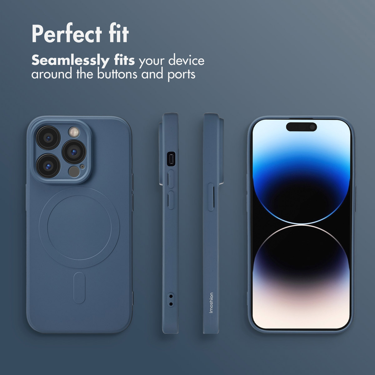 Custodia blu per smartphone da varie angolazioni con testo Perfect fit su sfondo grigio.