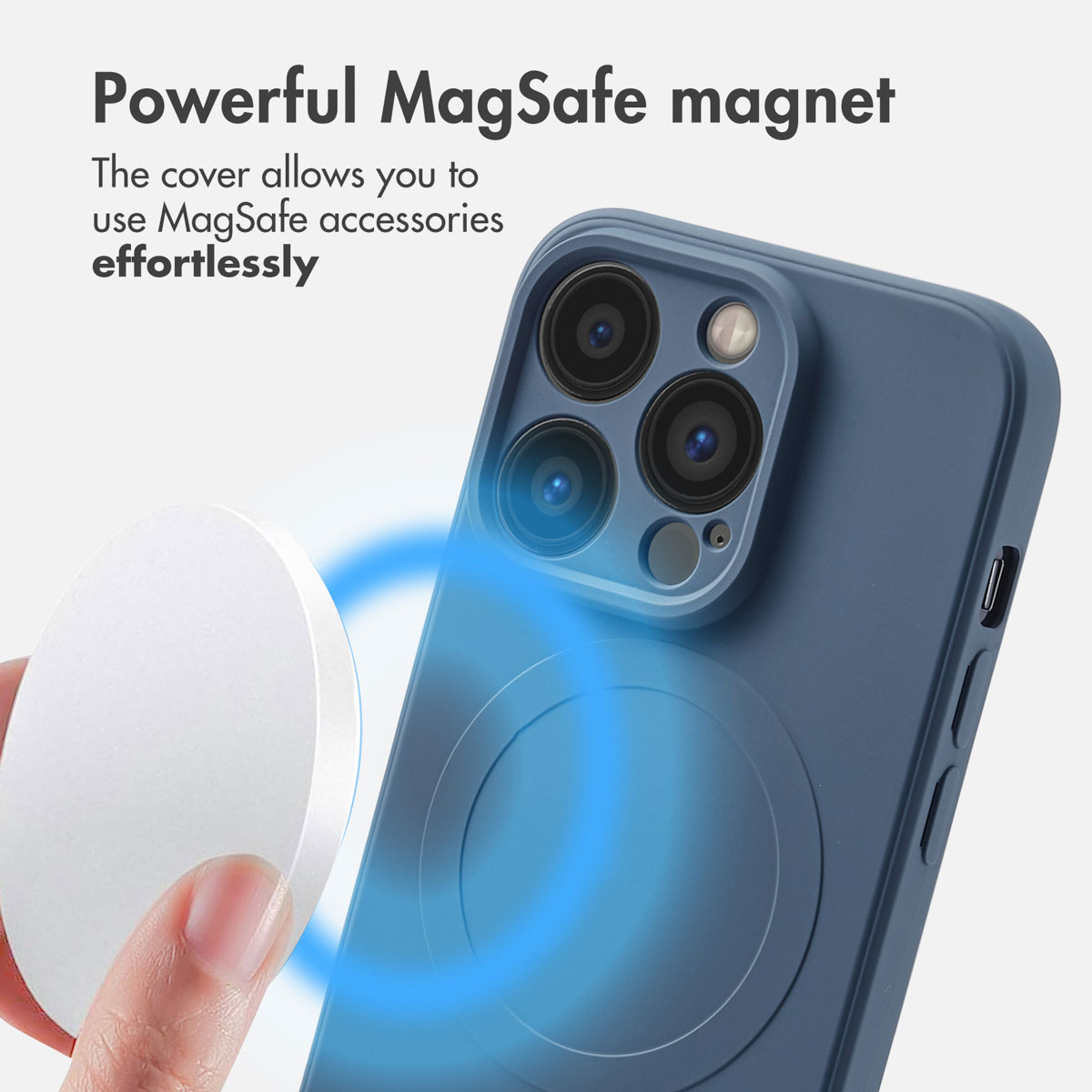 Custodia per telefono blu con anello magnetico MagSafe e caricatore.