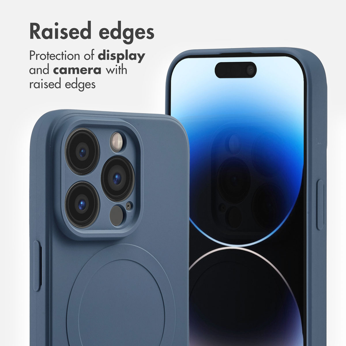 Una cover blu per smartphone evidenzia i bordi rialzati per la protezione di display e fotocamera.