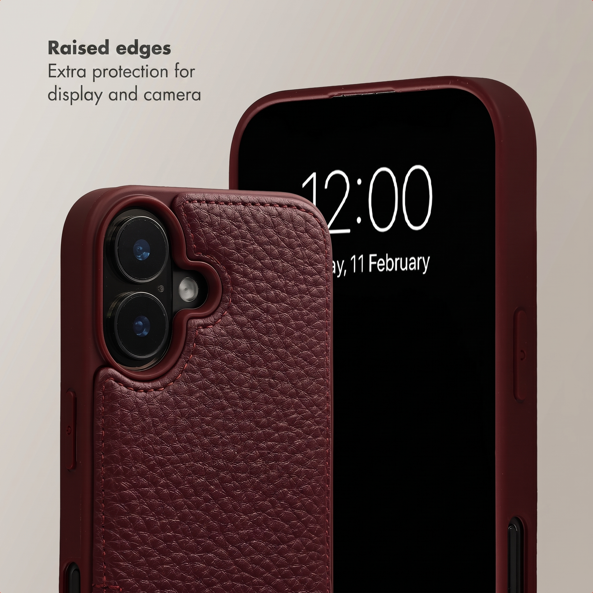 Funda de cuero burdeos con bordes elevados para protección de pantalla y cámara.