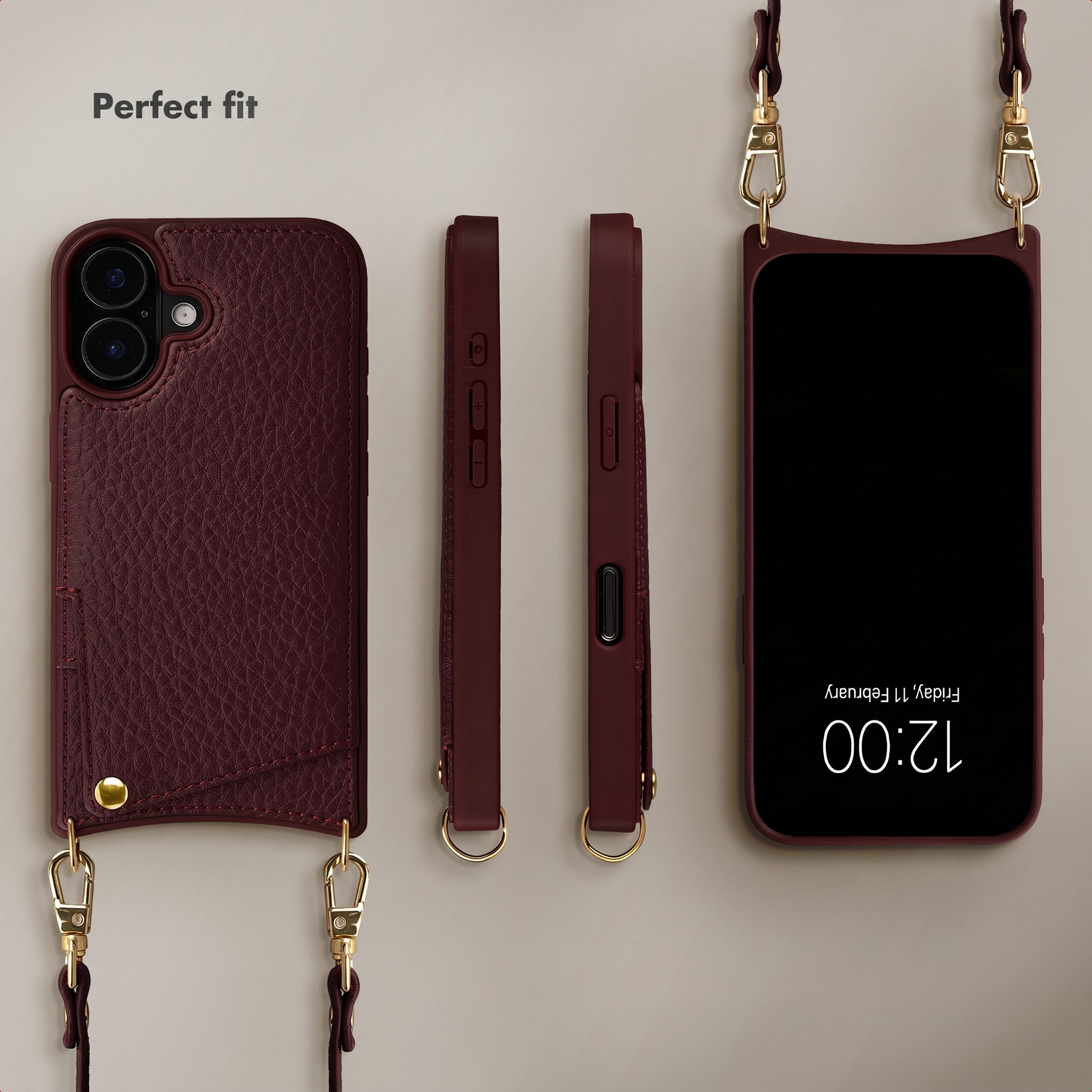 Funda de cuero burdeos para teléfono con correa y recortes para botones y cámara.
