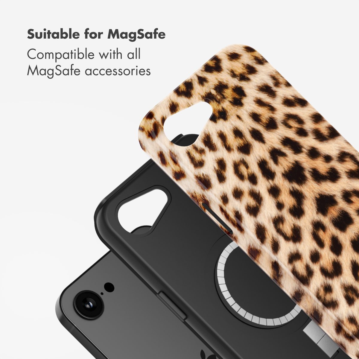 Cover per cellulare compatibili MagSafe con stampa leopardata e nera.