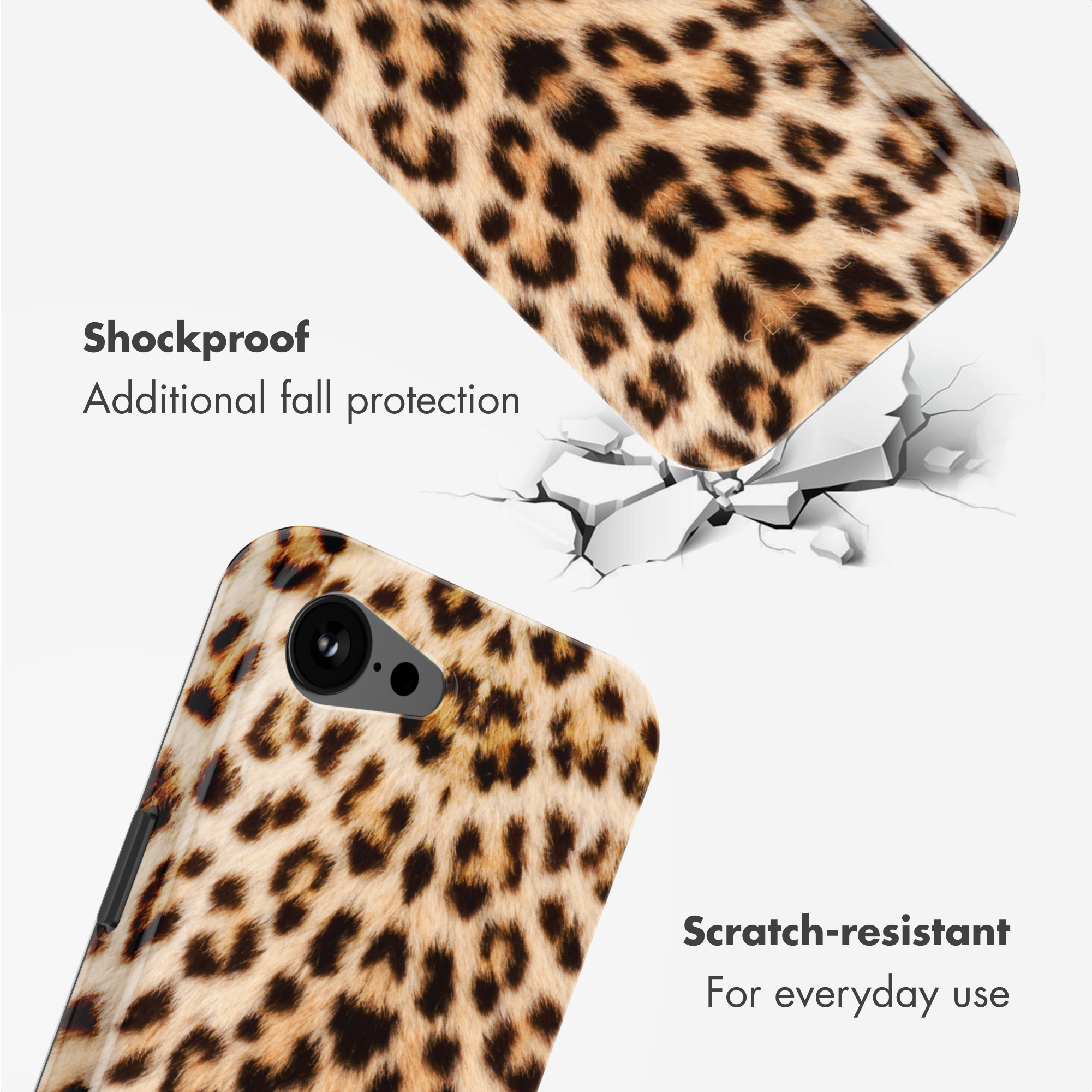 Custodia per telefono leopardata con testo su resistenza a urti e graffi.