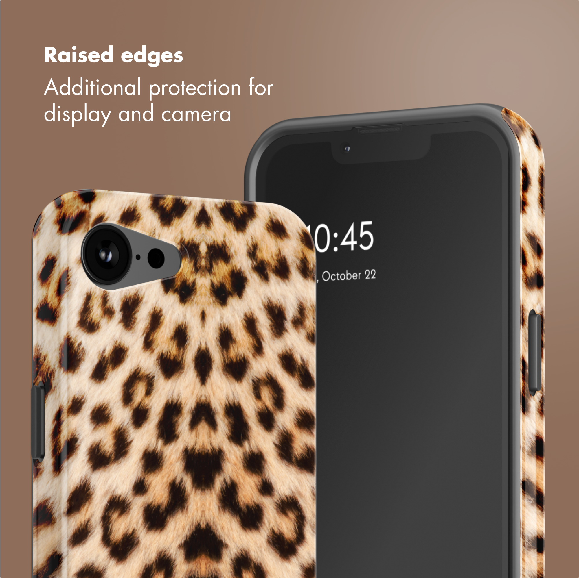 Cover per telefono leopardata con bordi rialzati per protezione schermo.