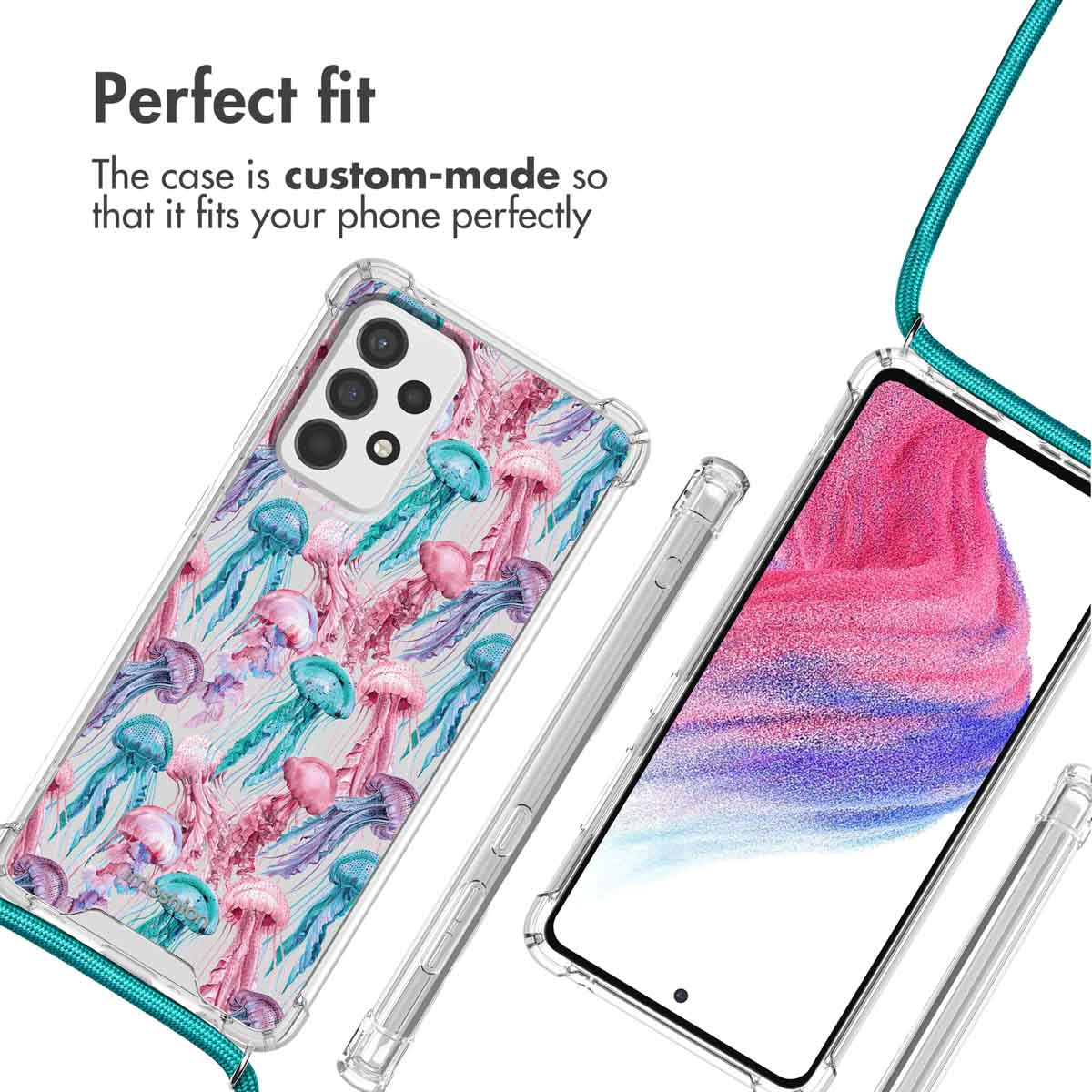 Une coque transparente avec des méduses, le texte Perfect fit et un téléphone avec une lanière verte.