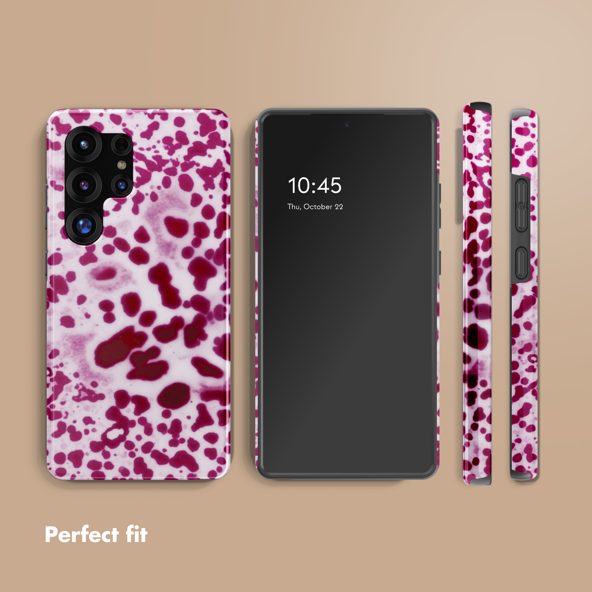Smartphone mostrato da varie angolazioni con motivo a macchie bianche e rosse.