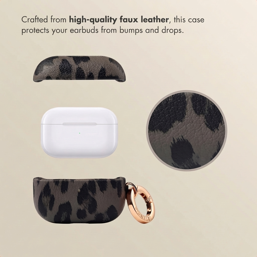 Un estuche de carga blanco flota entre las partes de una funda de piel sintética gris con leopardo y un anillo.
