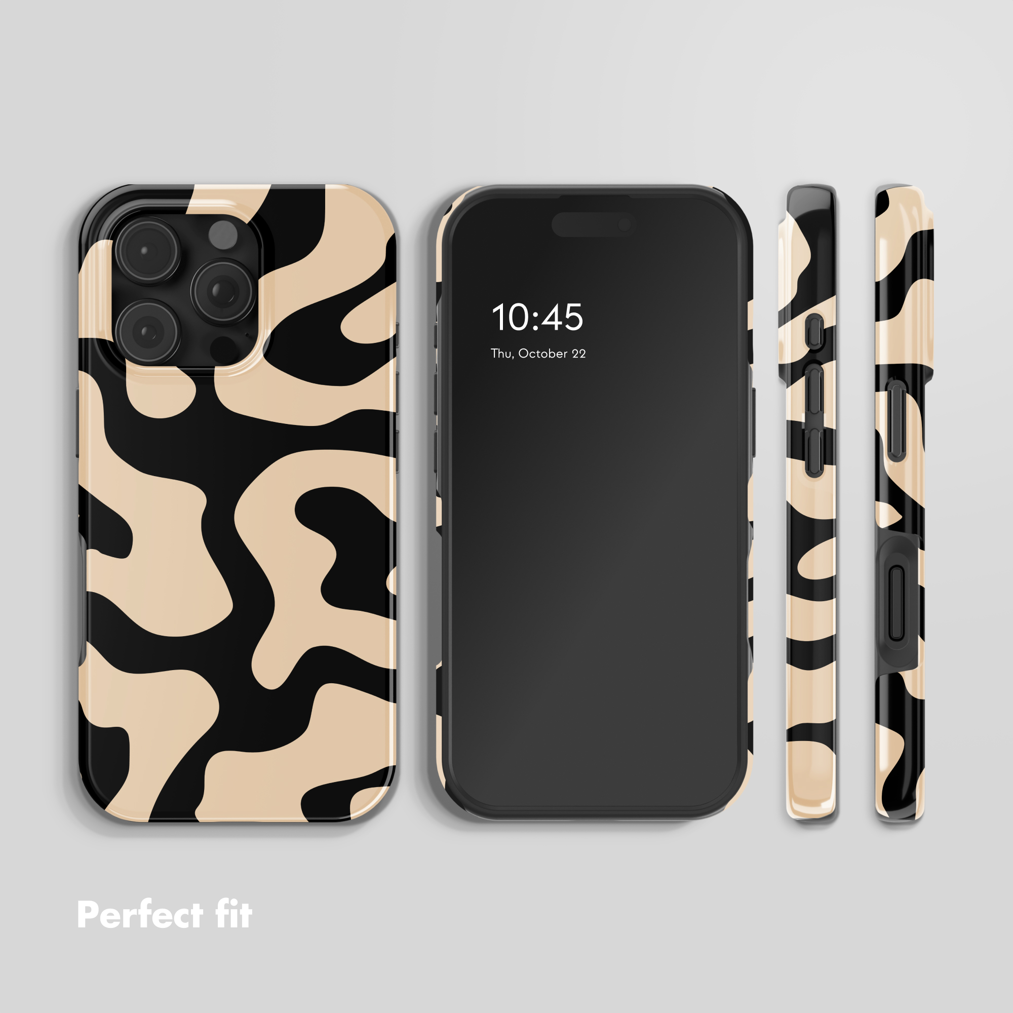 Quattro viste di uno smartphone con cover maculata nero-beige, fronte, retro e lati.