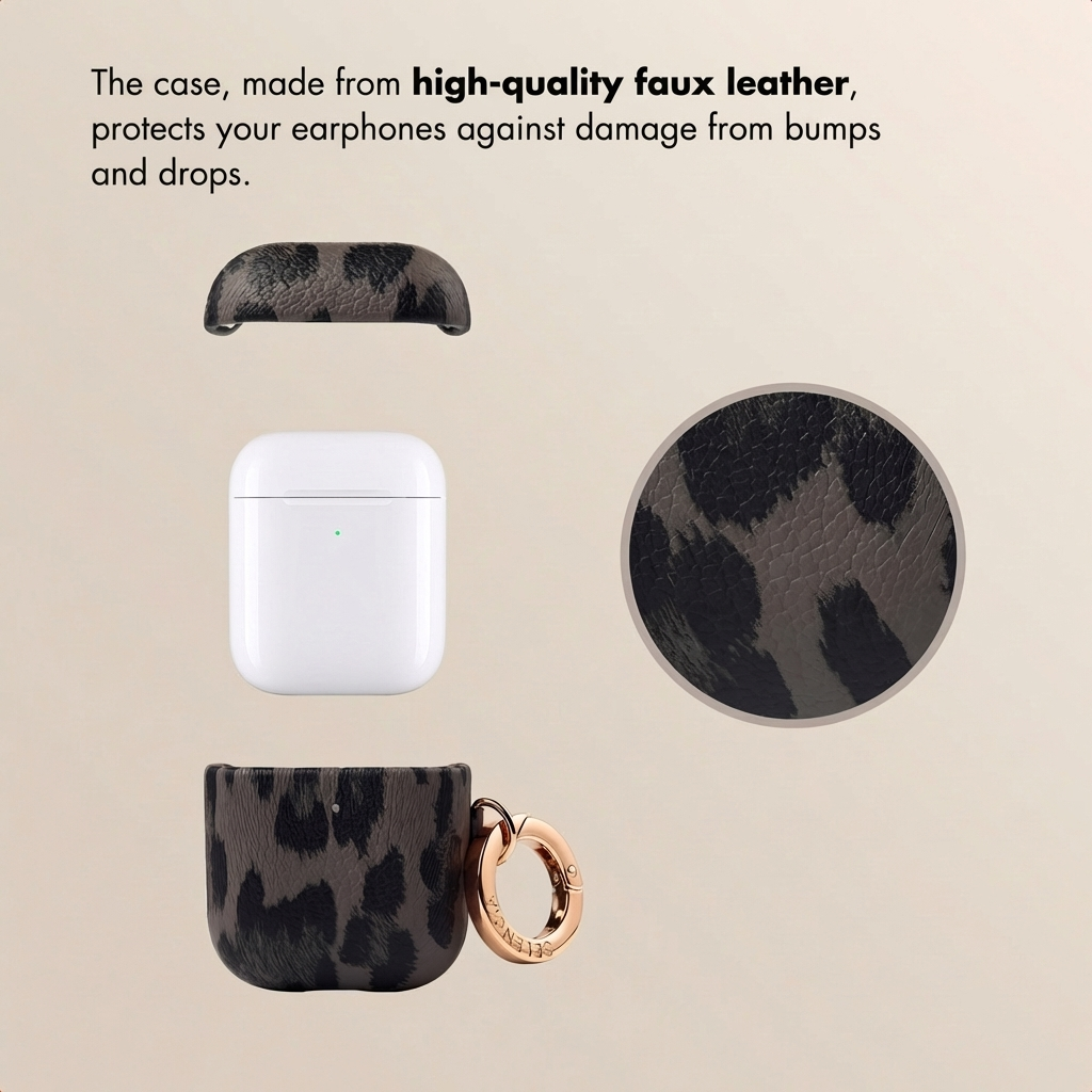 Estuche para AirPods con estampado de leopardo gris, mosquetón y estuche blanco. Texto arriba.