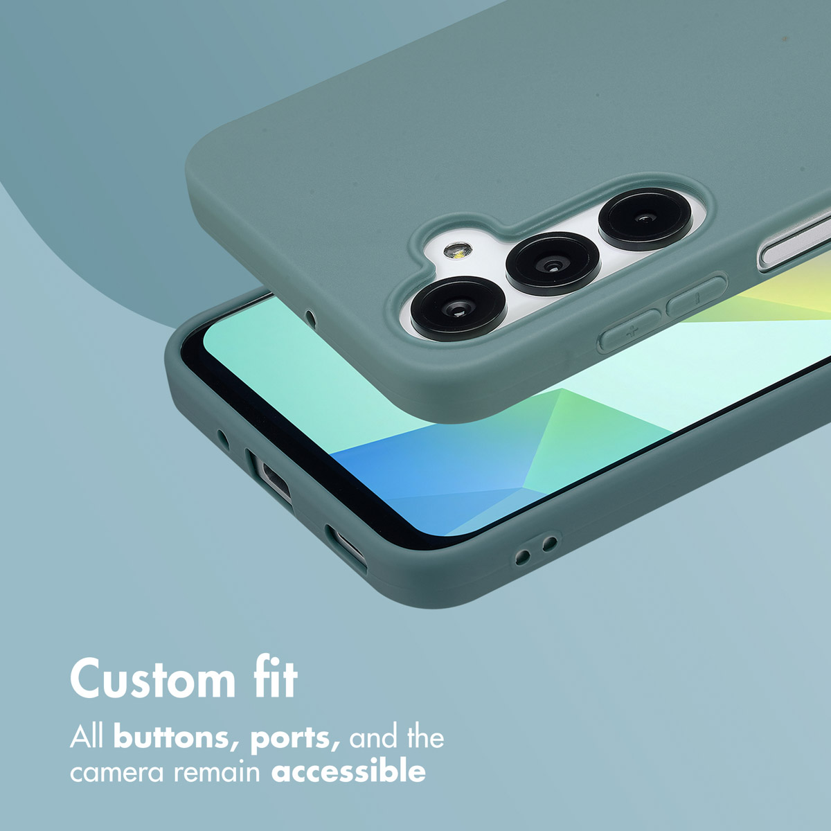 Un smartphone en una funda protectora verde mate sobre un fondo azul con texto promocional.