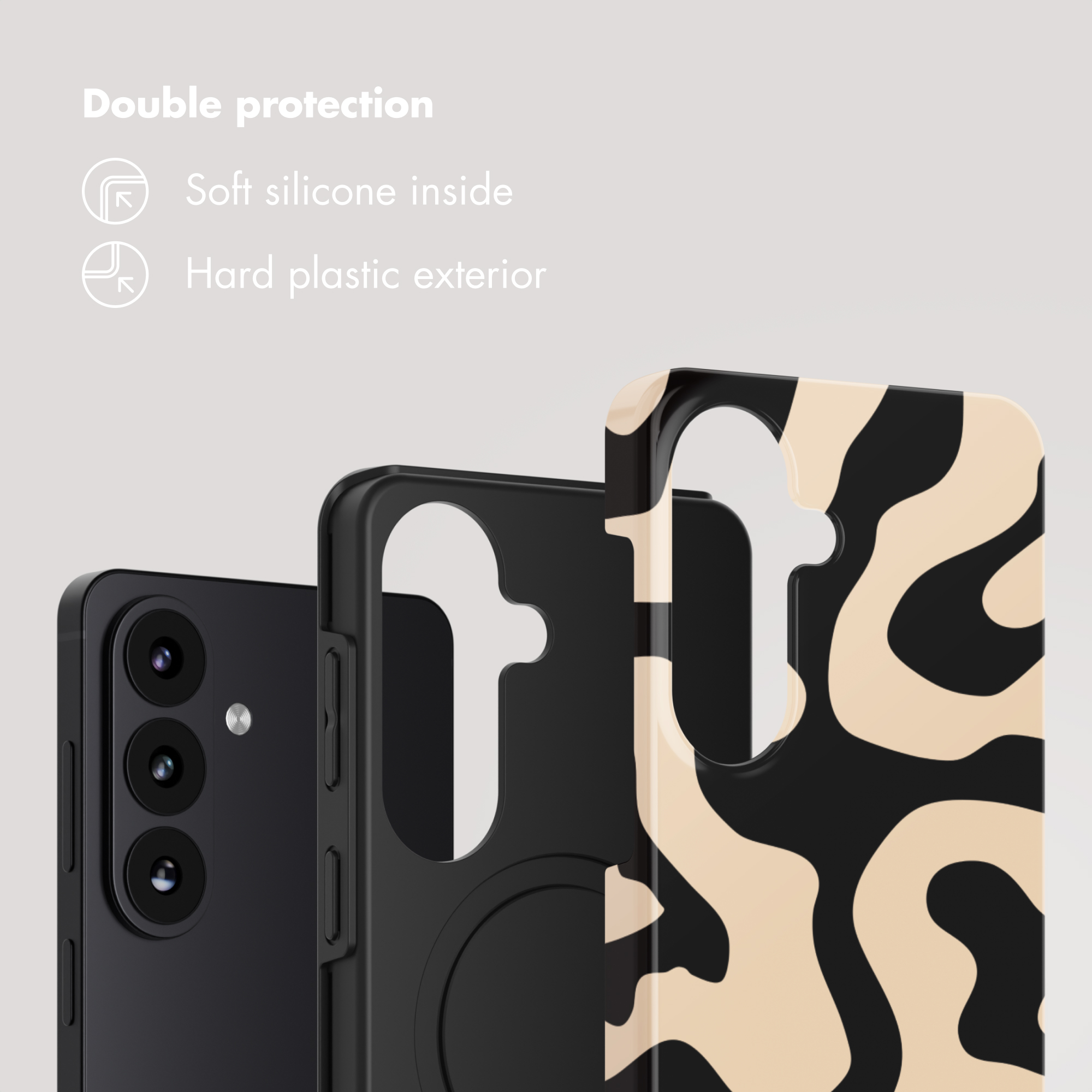 Smartphone con custodia a doppia protezione, interno in silicone morbido ed esterno in plastica rigida.