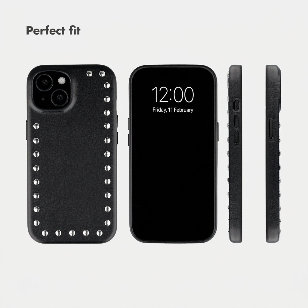 Zwarte smartphonehoes met zilveren studs vanuit meerdere hoeken.