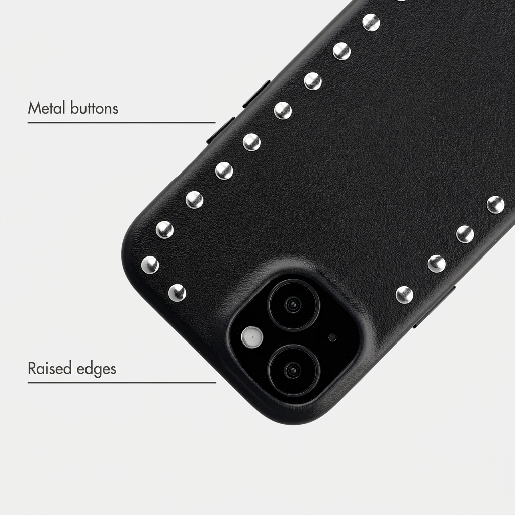 Zwarte telefoonhoes met zilveren studs, metalen knoppen en verhoogde randen.