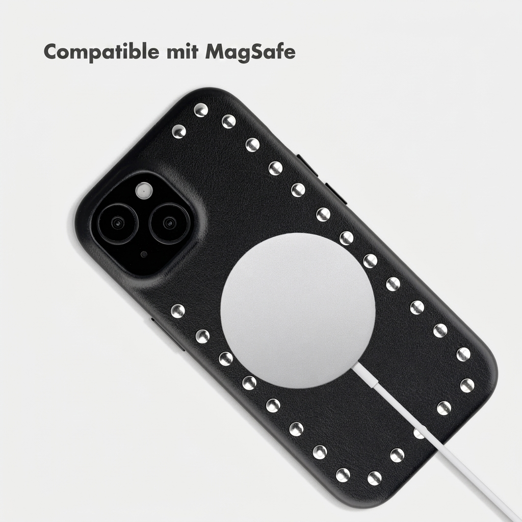 Zwarte telefoonhoes met zilveren klinknagels en rond MagSafe-oplaadgedeelte op een witte achtergrond.