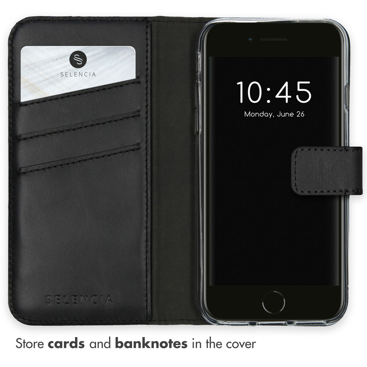 Étui de téléphone en cuir noir avec fentes pour cartes et un smartphone à droite.