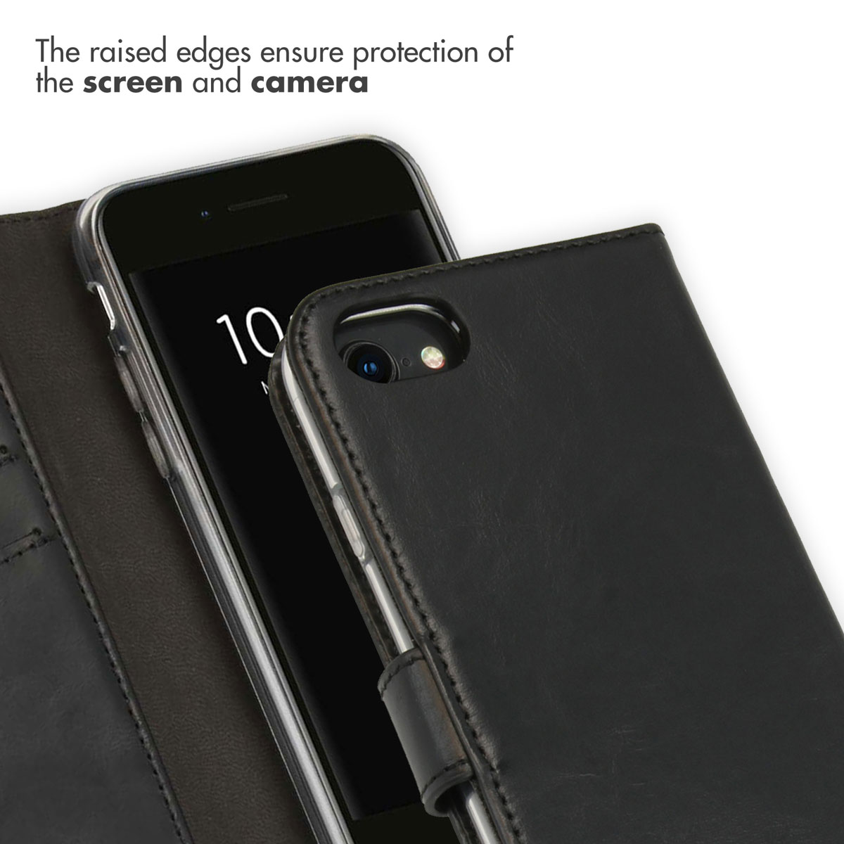 Étui de téléphone en cuir noir avec bords surélevés pour protéger l'écran et la caméra.