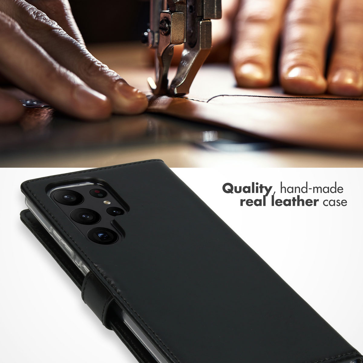 Une machine à coudre du cuir, avec un étui en cuir noir en dessous et du texte sur la qualité artisanale.
