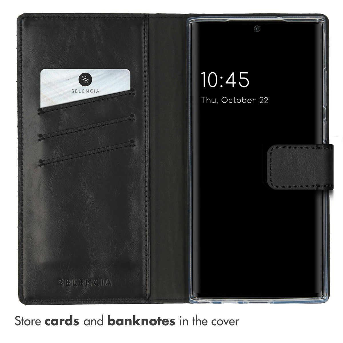 Un étui portefeuille ouvert en cuir noir pour smartphone avec des fentes pour cartes et un téléphone à droite.