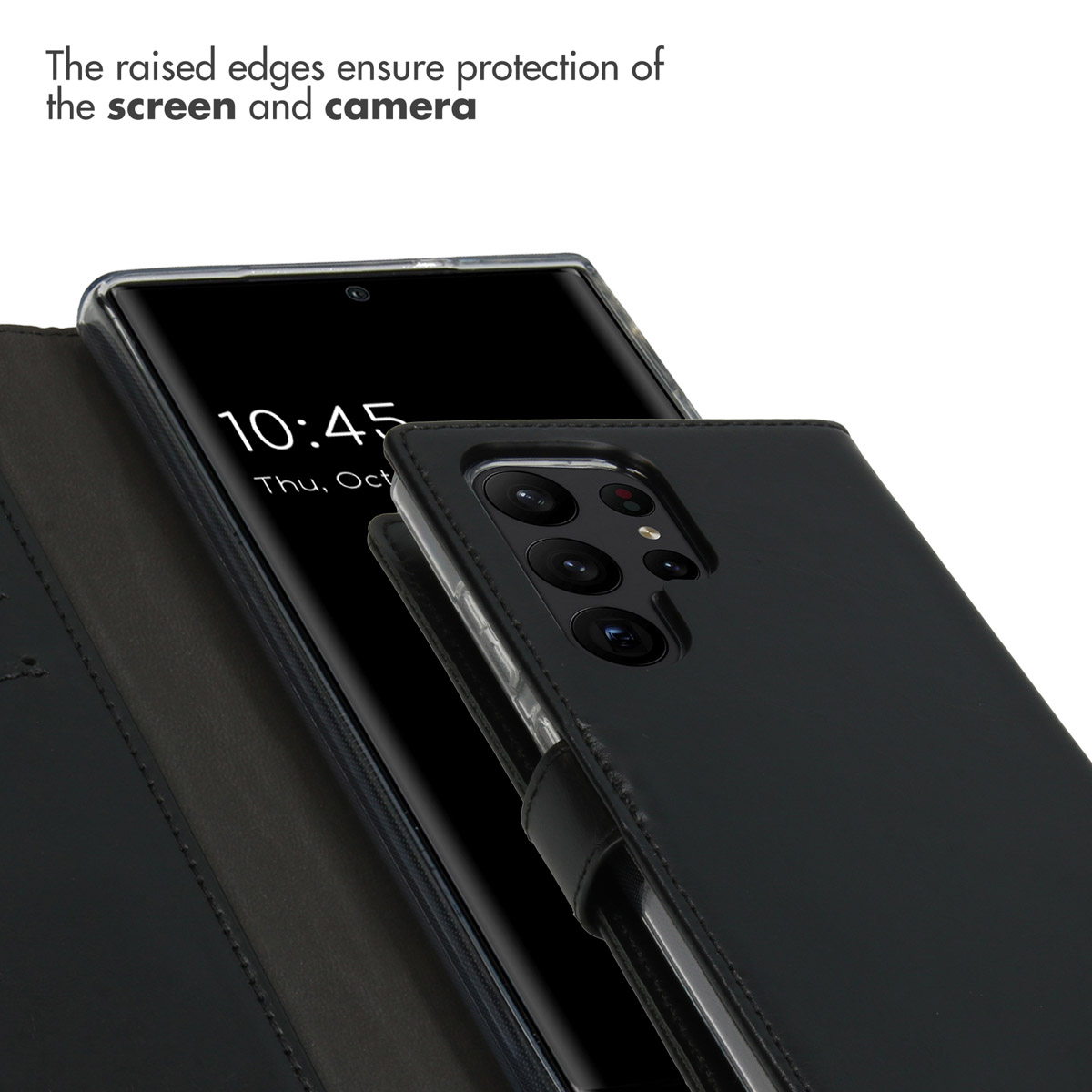 Les bords surélevés protègent l'écran et l'appareil photo d'un smartphone noir dans un étui en cuir.