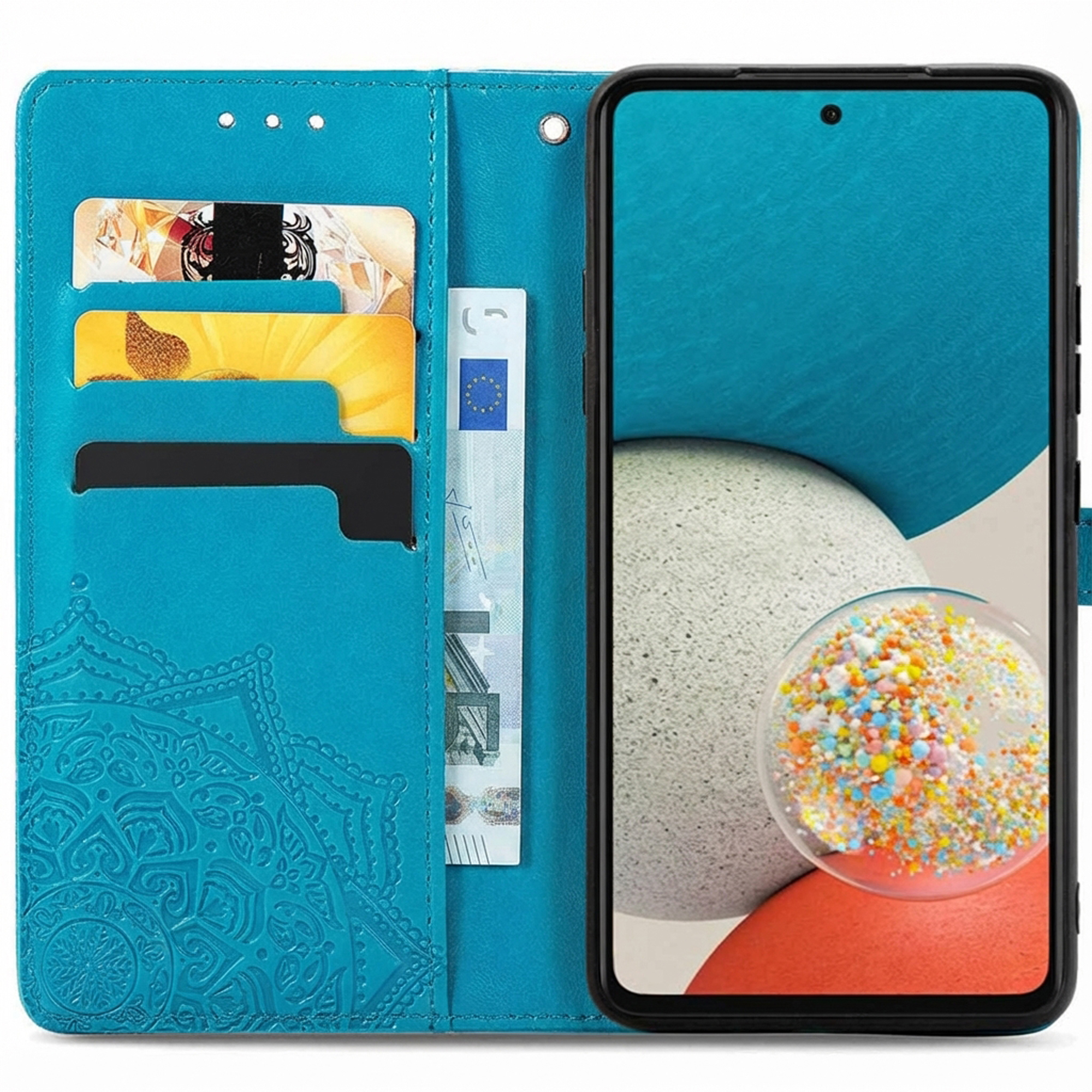 Étui de téléphone portefeuille turquoise avec motif mandala, fentes pour cartes et smartphone.