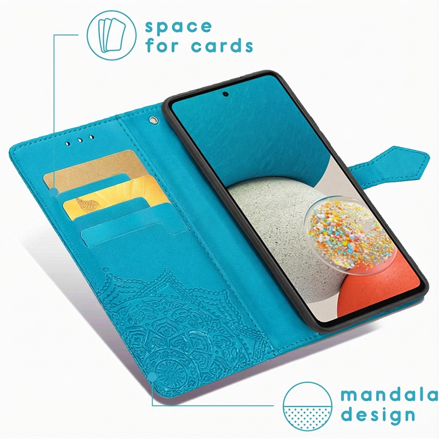 Étui portefeuille turquoise pour téléphone avec fentes pour cartes et motif mandala.