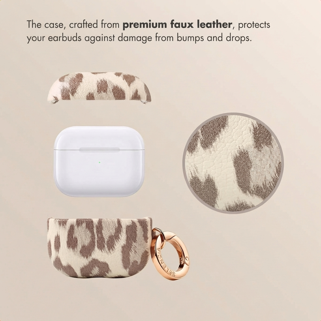 Estuche de cuero con estampado de leopardo para auriculares blancos, con mosquetón.