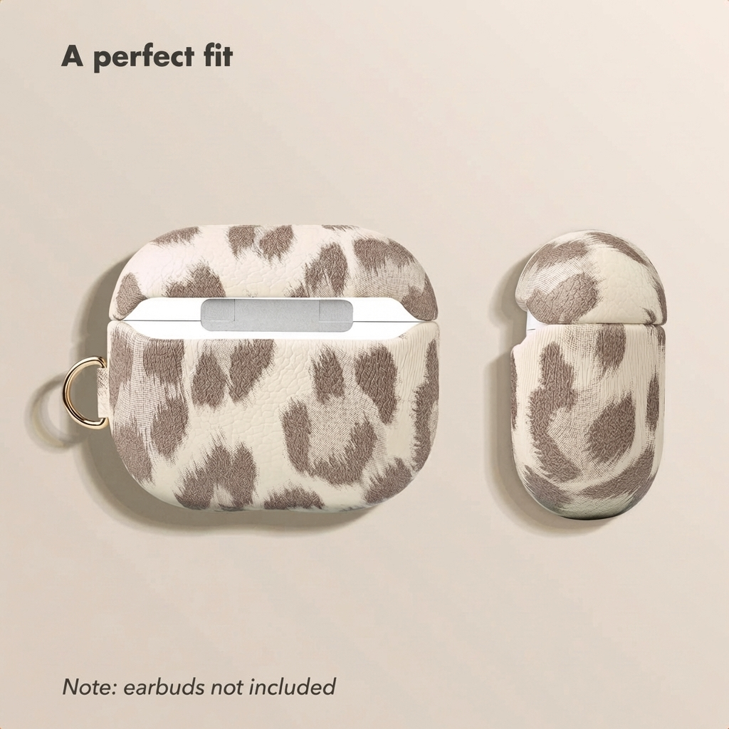 Estuche beige para AirPods con estampado de leopardo marrón y anillo dorado sobre fondo claro.