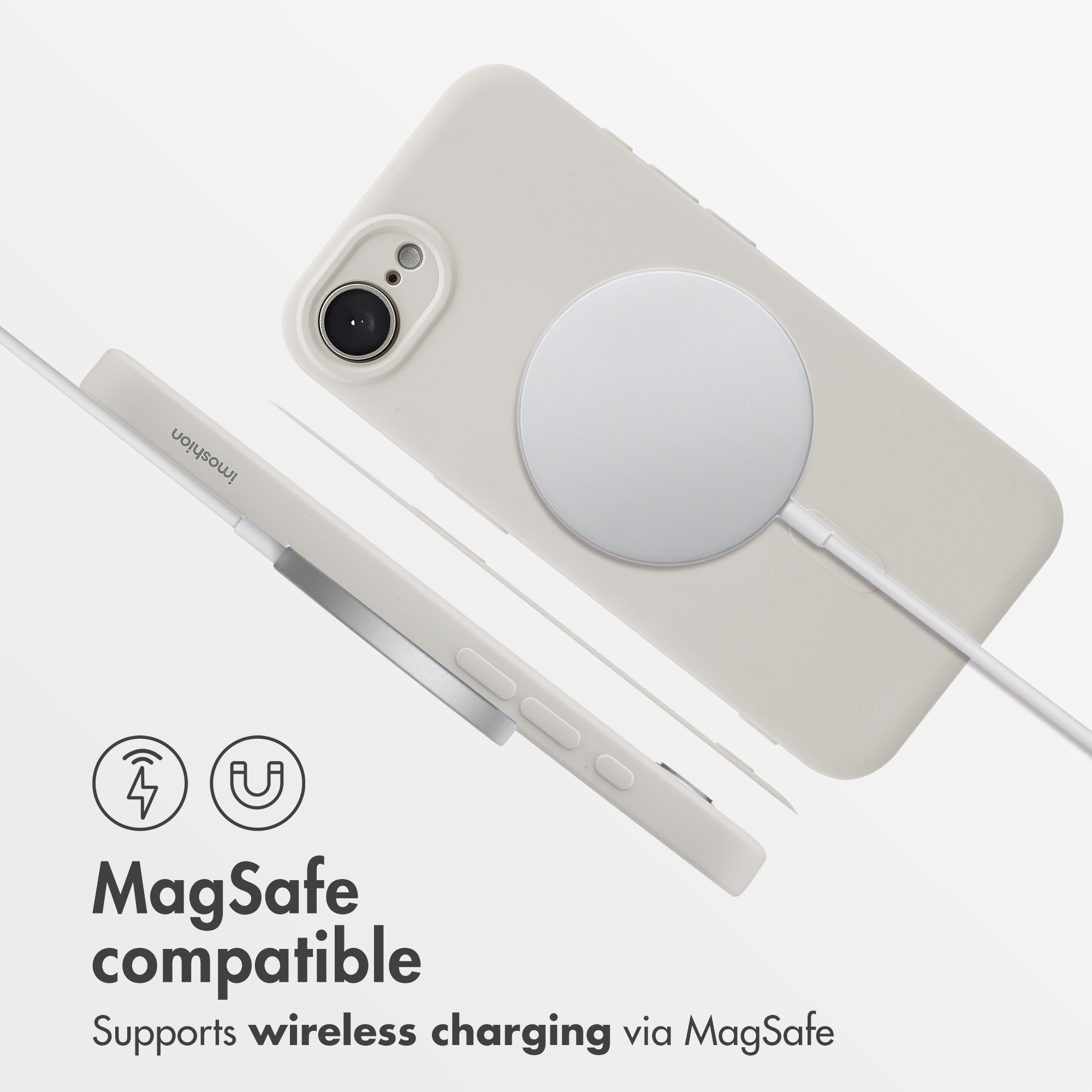 Une coque de téléphone beige avec chargeur sans fil magnétique, accompagnée d'icônes et de texte compatibles MagSafe.