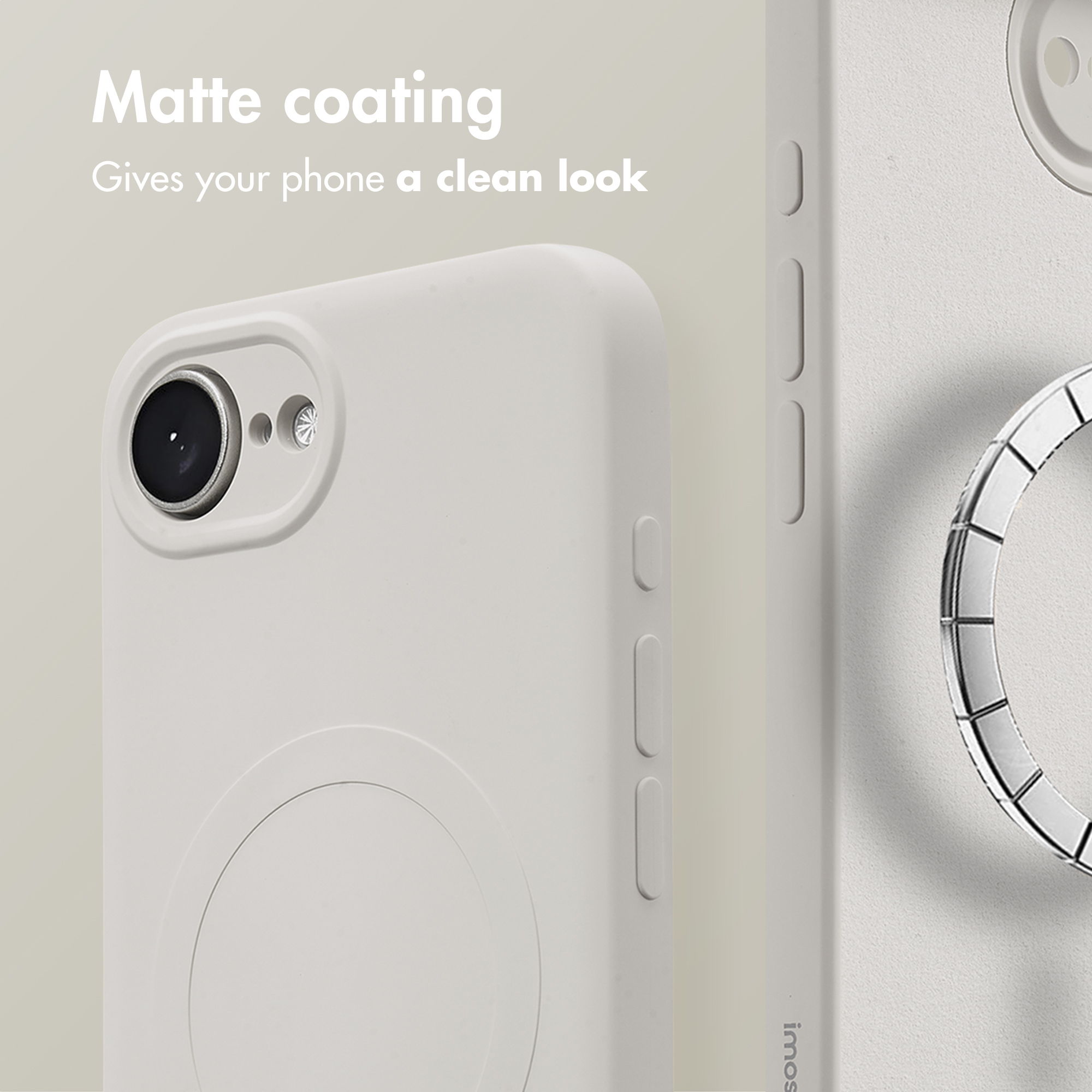 Une coque de téléphone blanche mate avec découpe pour appareil photo et marquage circulaire.