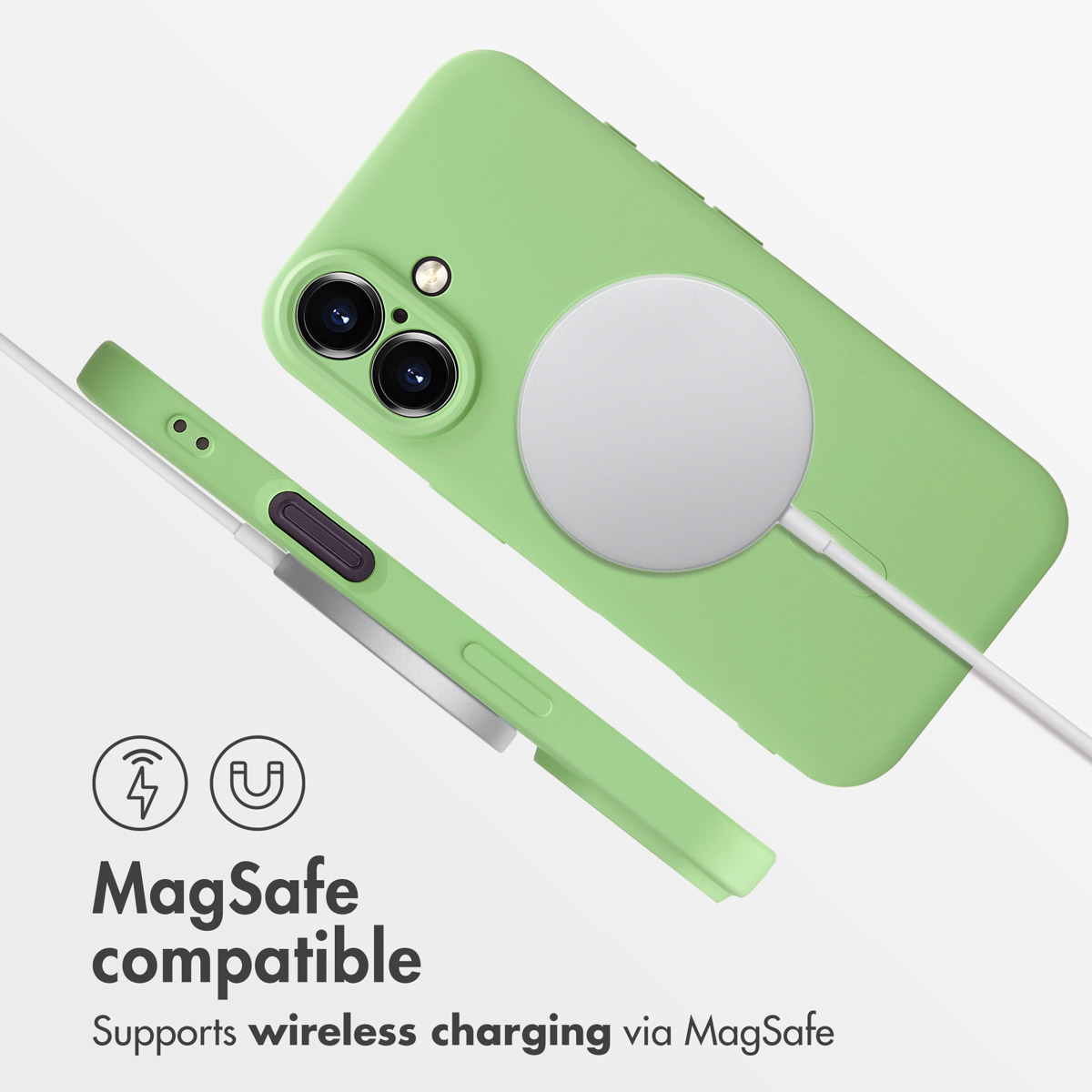 Una funda verde claro con cargador MagSafe en la parte trasera, mostrada desde dos ángulos sobre un fondo blanco.