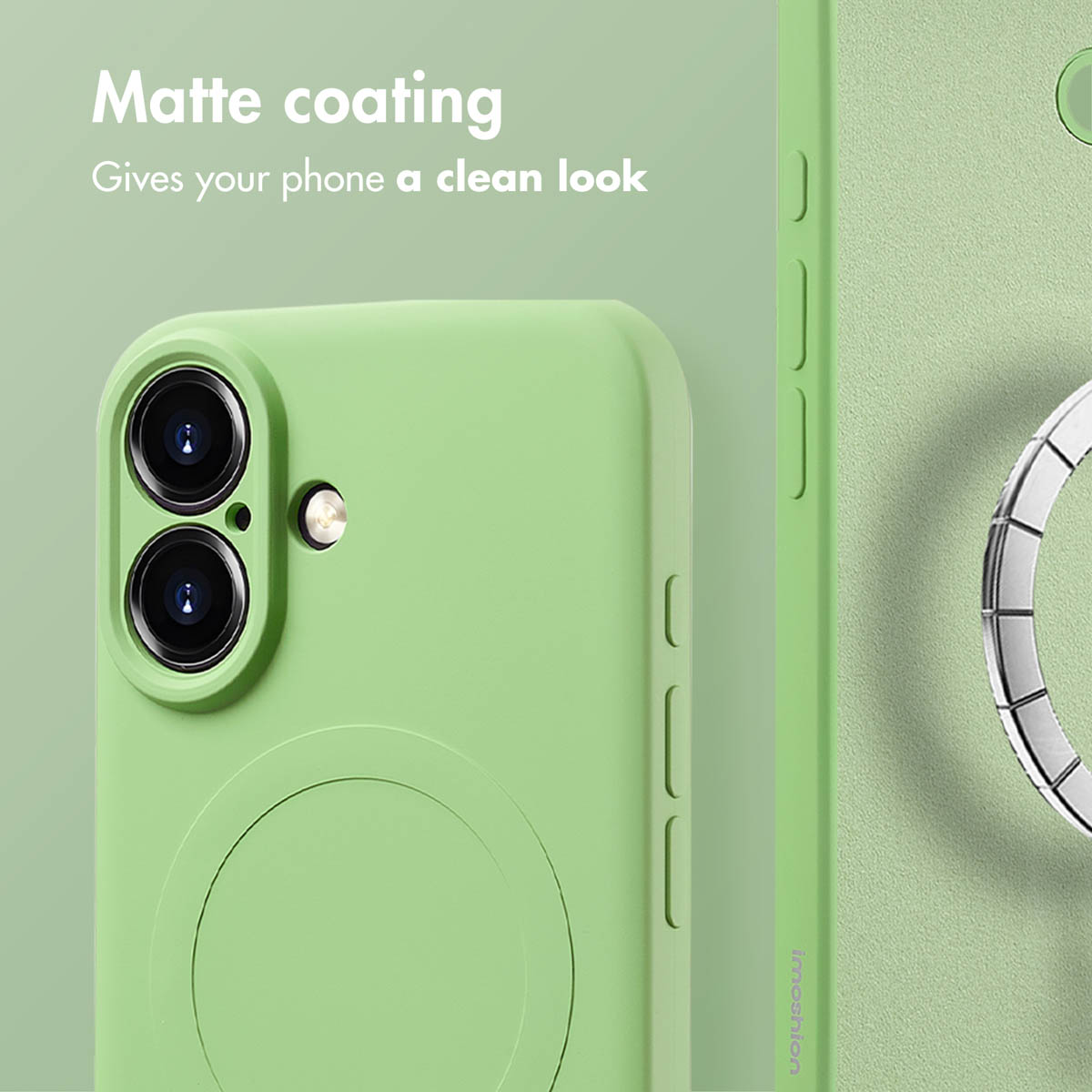 Una funda de teléfono verde claro con acabado mate, dos cámaras y texto Matte coating.