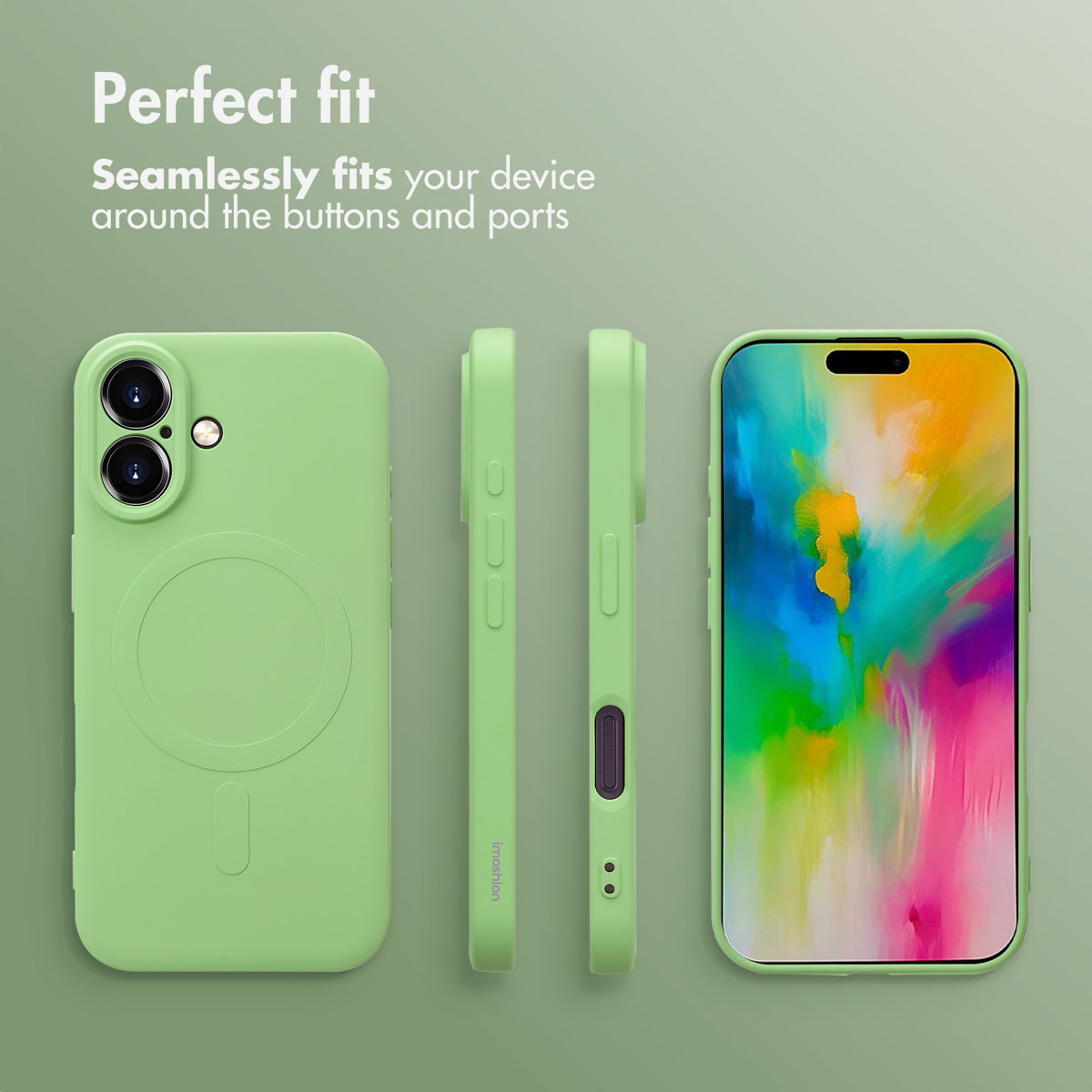 Cuatro vistas de una funda de smartphone verde claro con y sin teléfono sobre un fondo verde a juego.