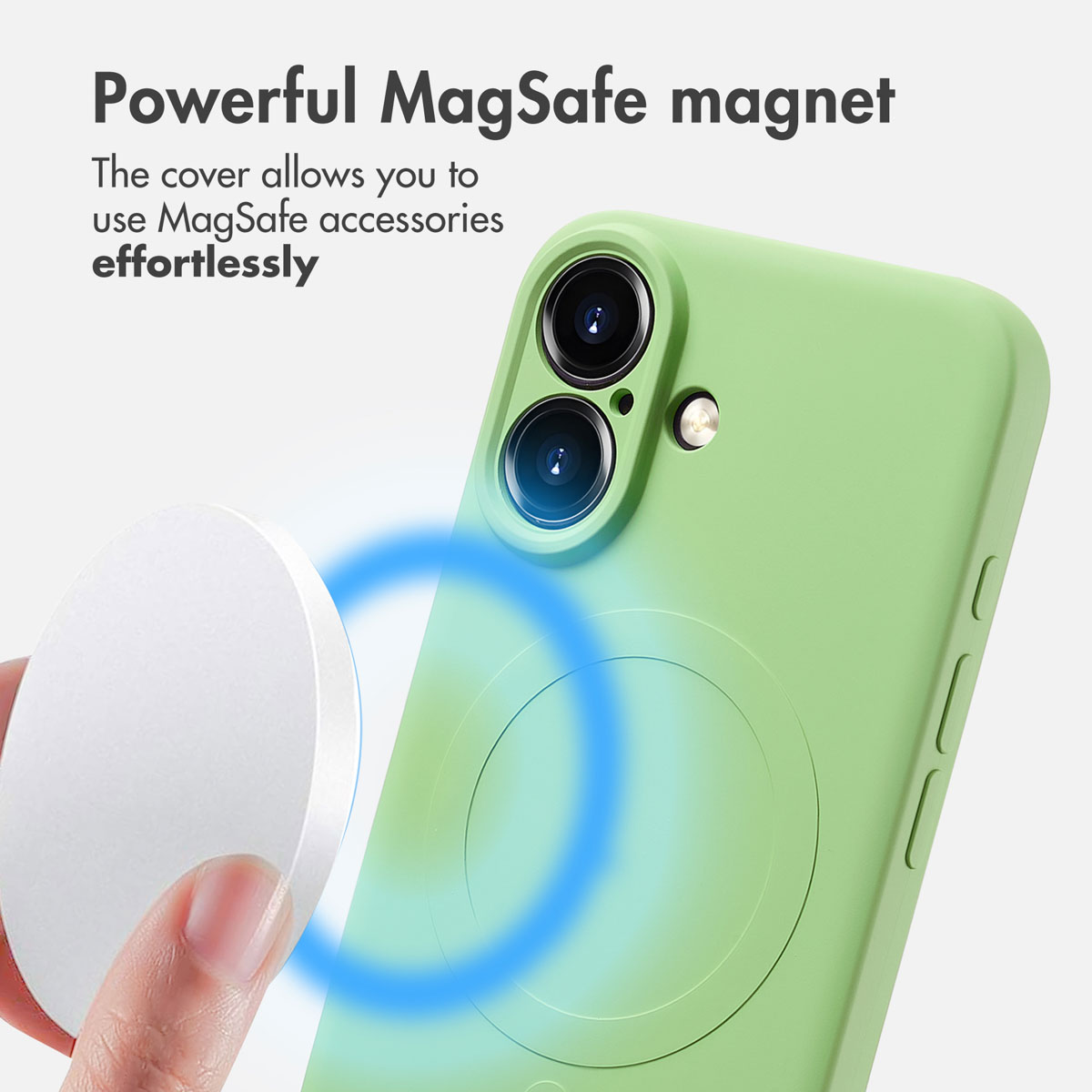 Se muestra un teléfono inteligente verde con funda protectora conectándose a un imán MagSafe blanco.