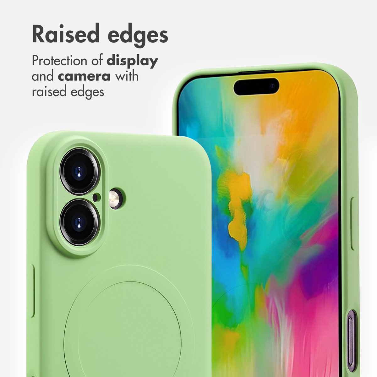 Funda verde con protección para cámara y pantalla, texto 'Raised edges'.