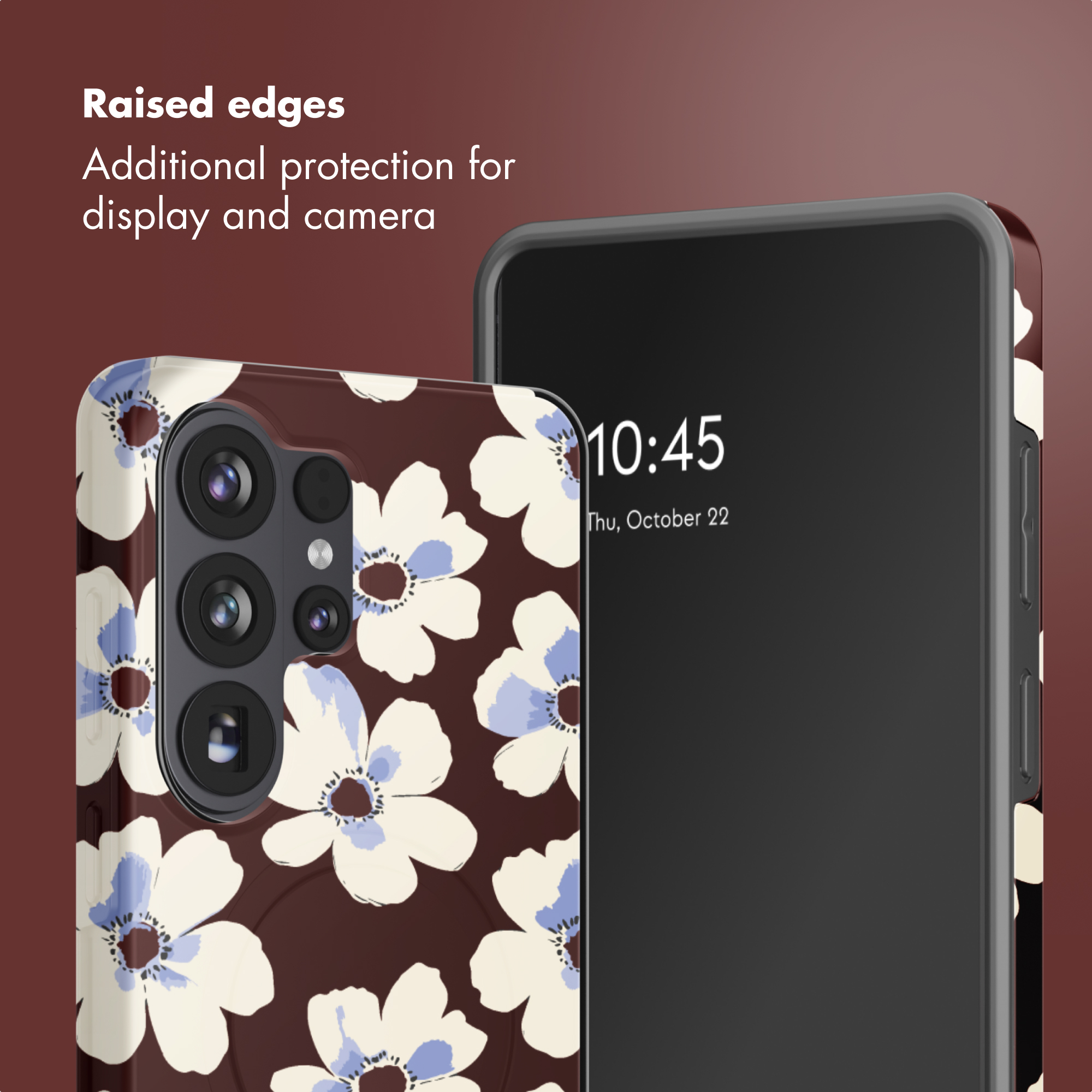 Smartphone con funda floral marrón y texto: "Raised edges. Additional protection for display and camera".