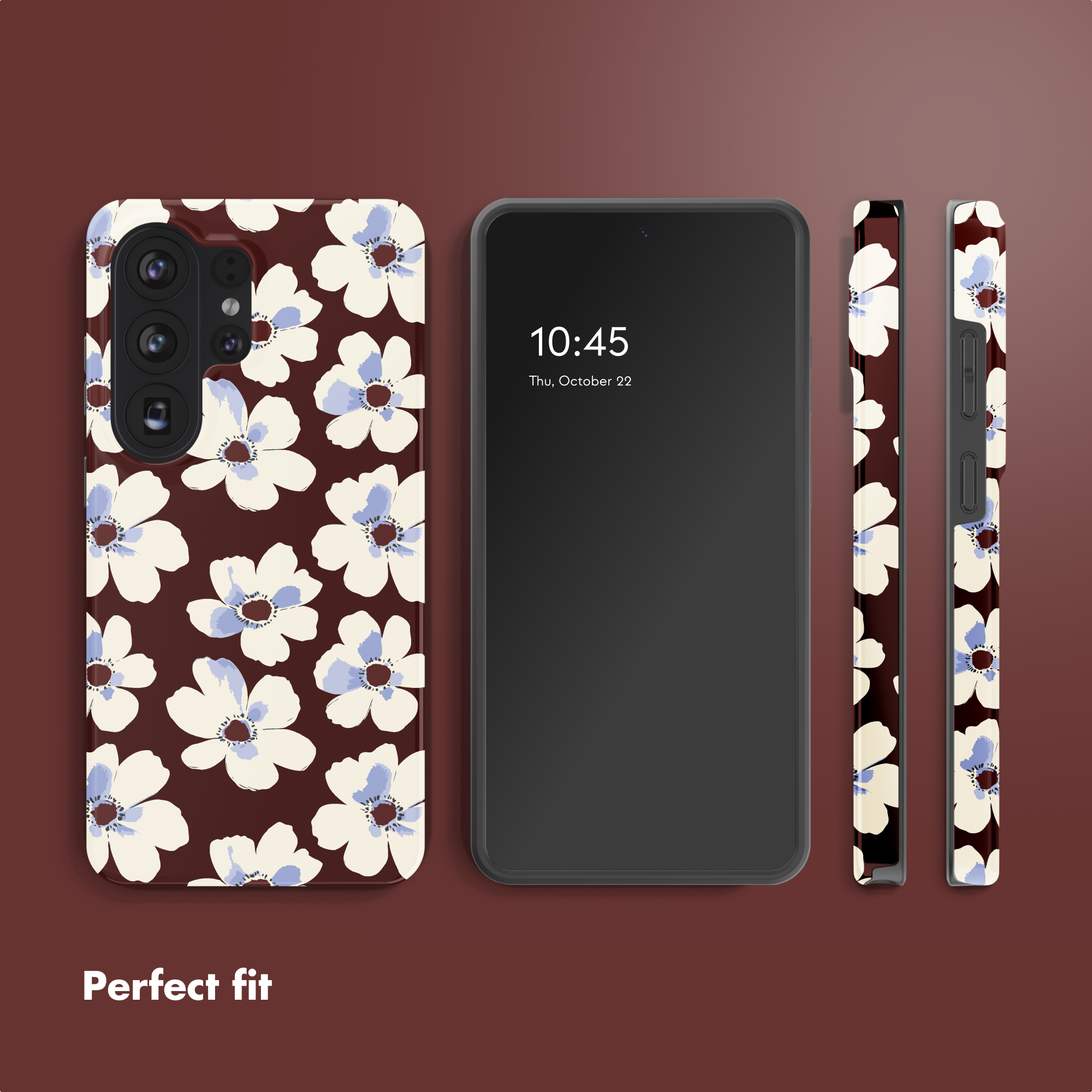 Smartphone con funda marrón con estampado floral blanco y azul sobre fondo rojo.