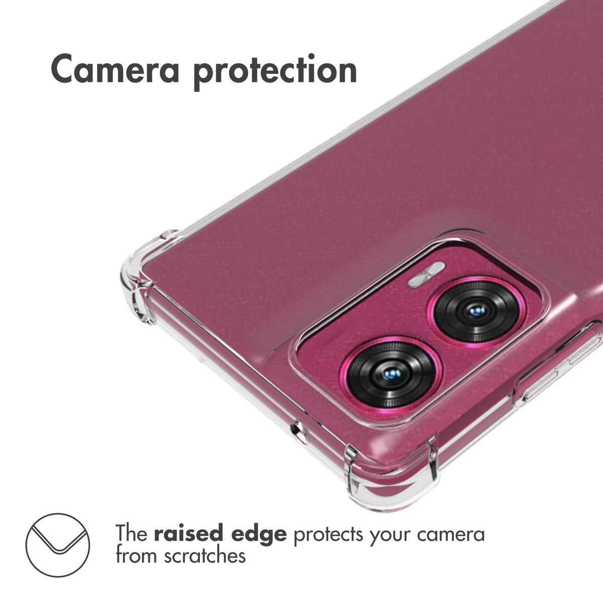 Retro di uno smartphone viola in una custodia trasparente con bordo rialzato attorno alla fotocamera.