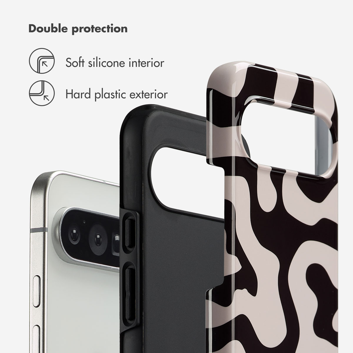 Custodia per telefono a doppia protezione con interno in morbido silicone e esterno in plastica rigida.