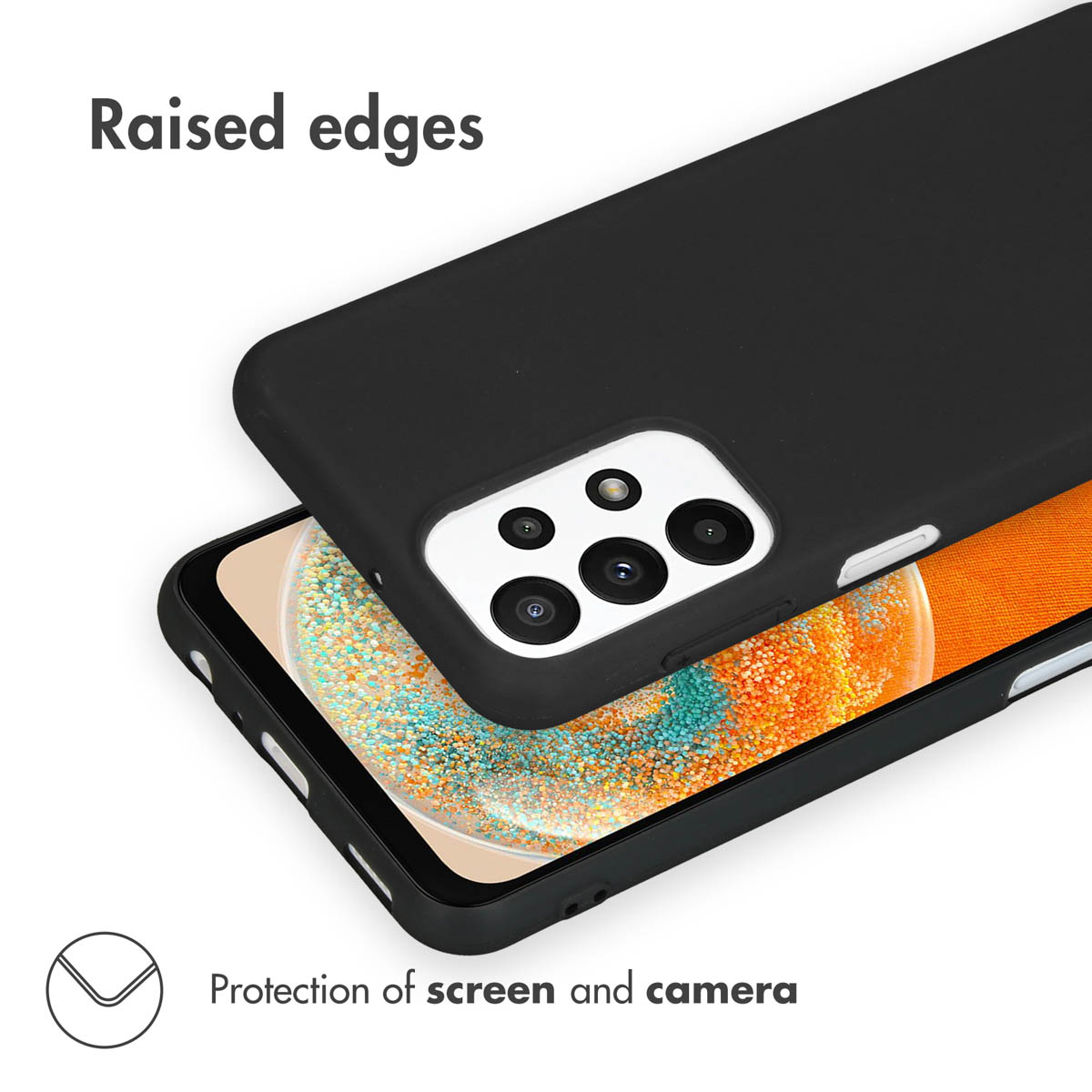 Une coque de smartphone noire présente des bords surélevés pour protéger l'écran et la caméra.