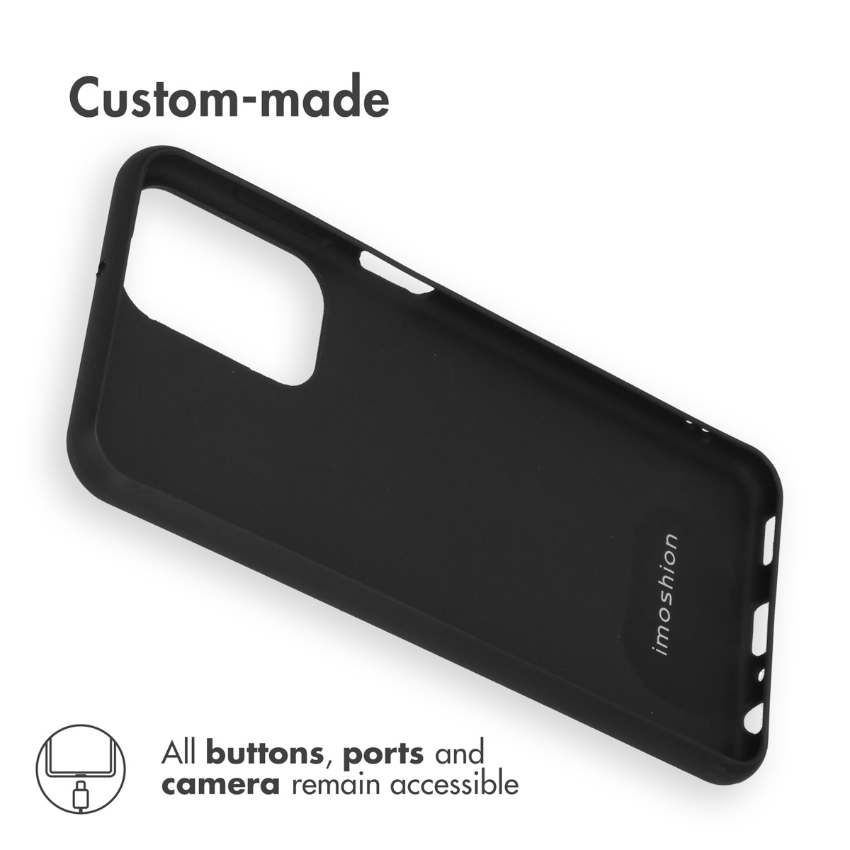 Une coque de smartphone noire sur mesure avec ports accessibles sur fond blanc.