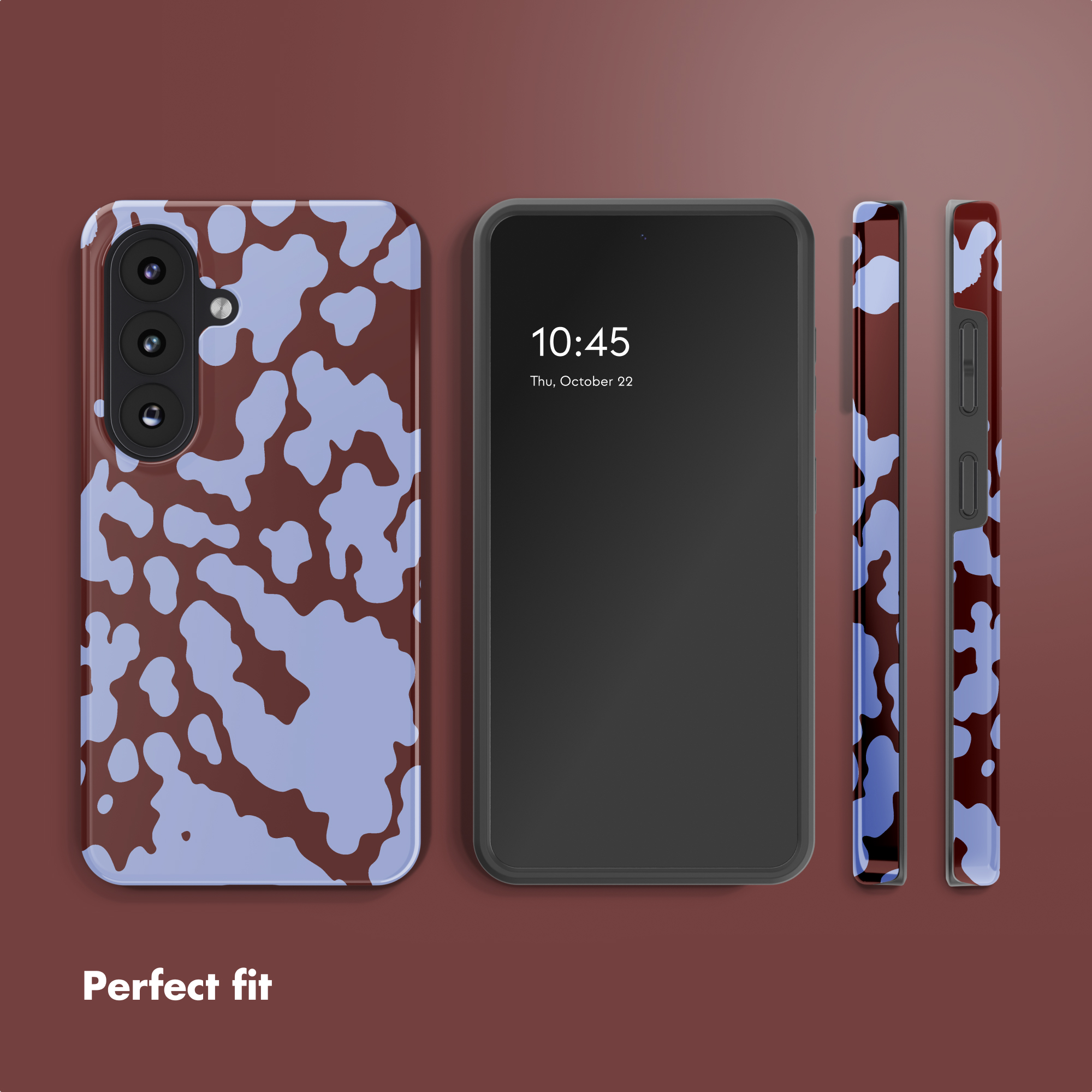 Quattro viste di uno smartphone con cover a fantasia astratta marrone e azzurro su sfondo marrone.