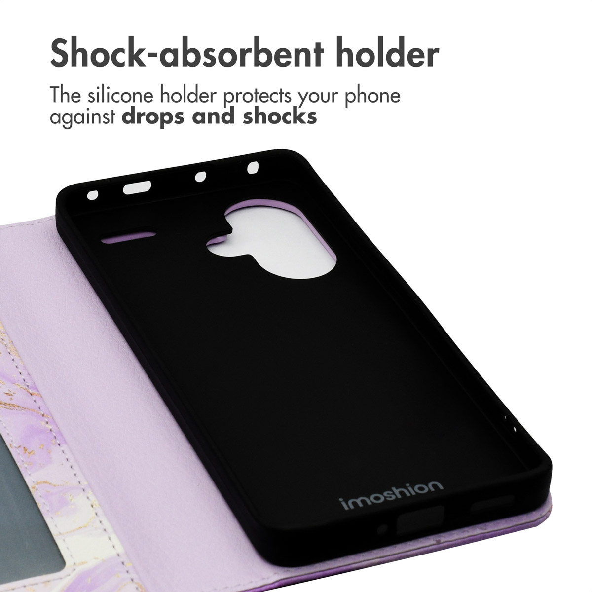 Funda de móvil morada con soporte de silicona negra y texto arriba.